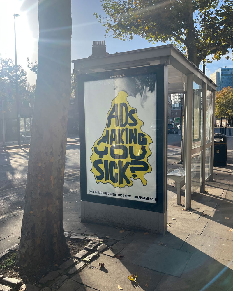 Fossil Free London Sick of Ads bus stop poster